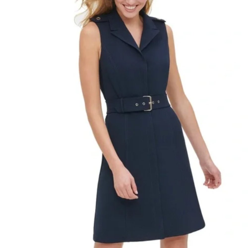 NEW! Tommy Hilfiger sleeveless collared Navy gold zipper zip up belted Dress 14